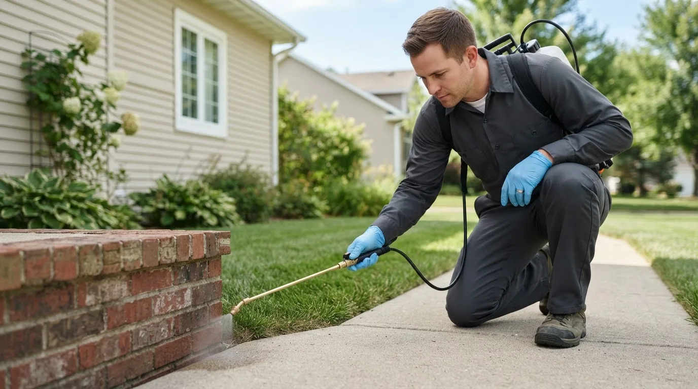 Pest control technician treating a home near Bethel, ME